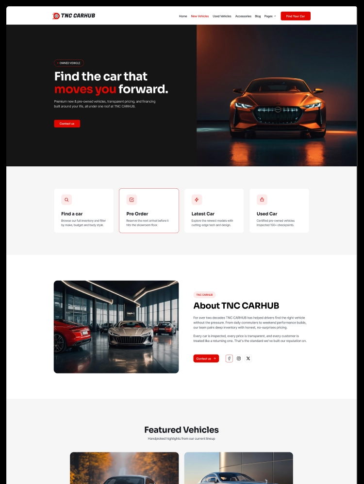 Hero section with a dark left panel displaying 'Find the car that moves you forward' and an orange car showcased on the right.