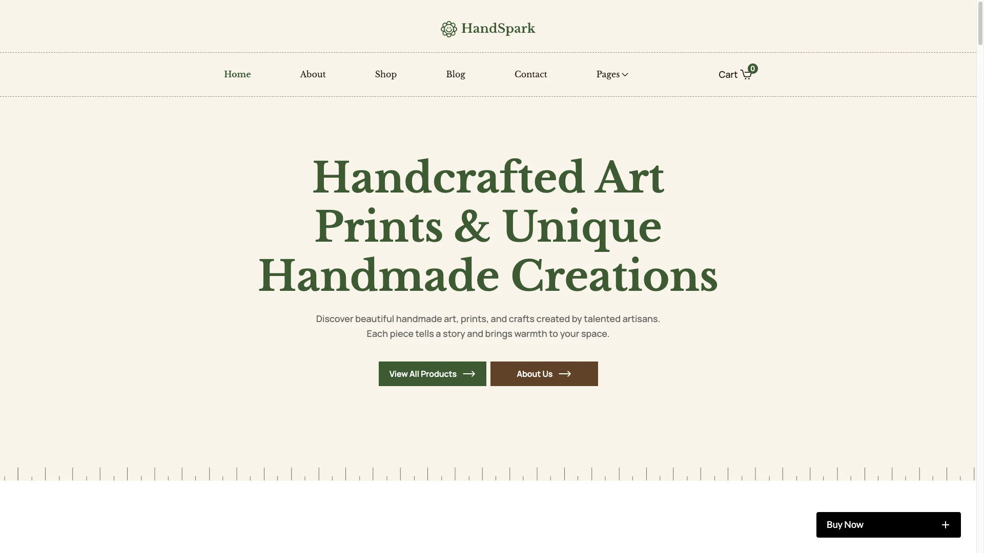 Advanced Animations Interactions - TNCFlow Hero banner with large green serif headline: 'Handcrafted Art Prints & Unique Handmade Creations' on a beige background.