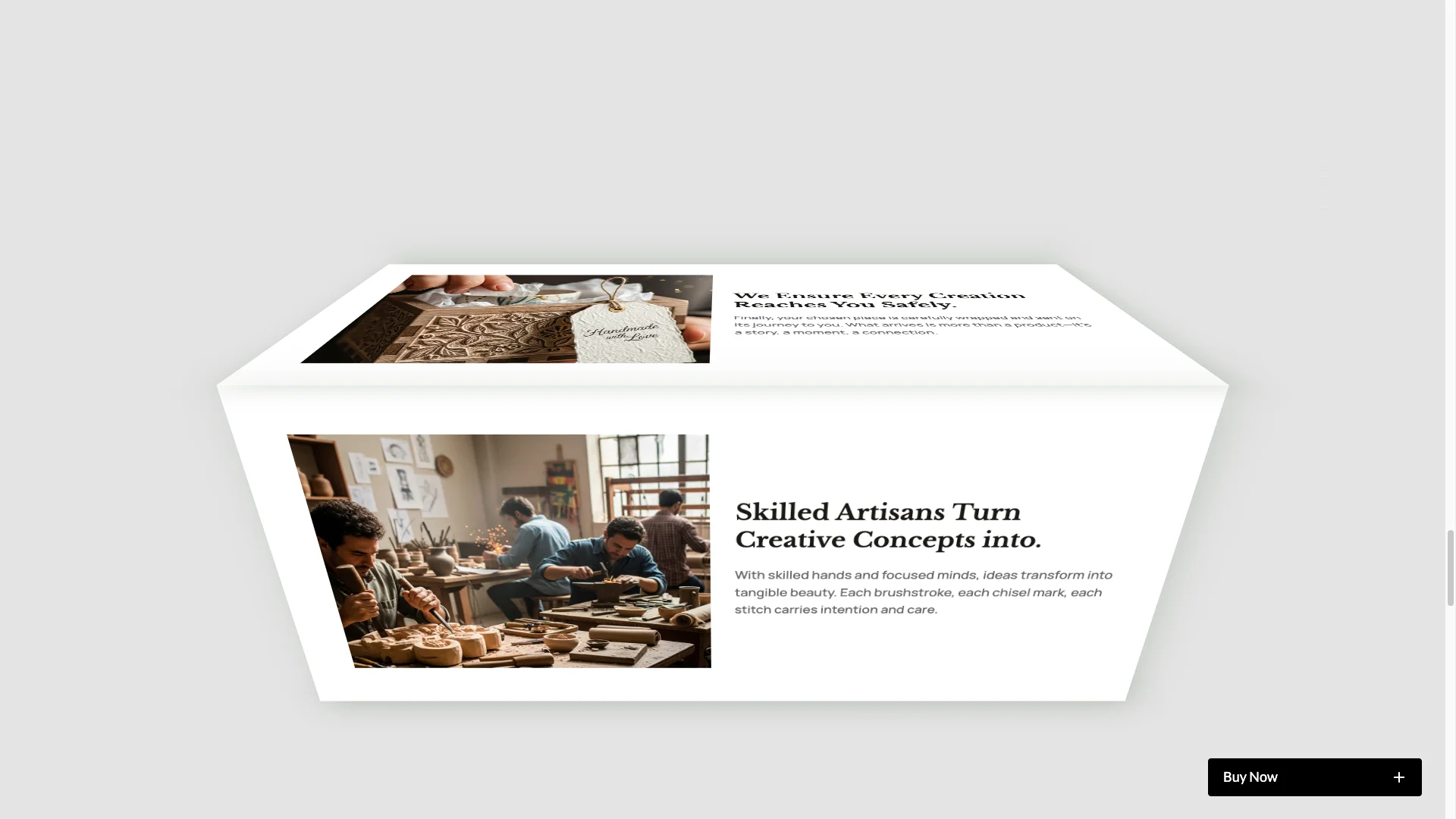 Artisan Journey Storytelling - TNCFlow Layered white brochure on a gray background, showing artisans carving pottery with bold text about skilled artisans turning concepts into reality.