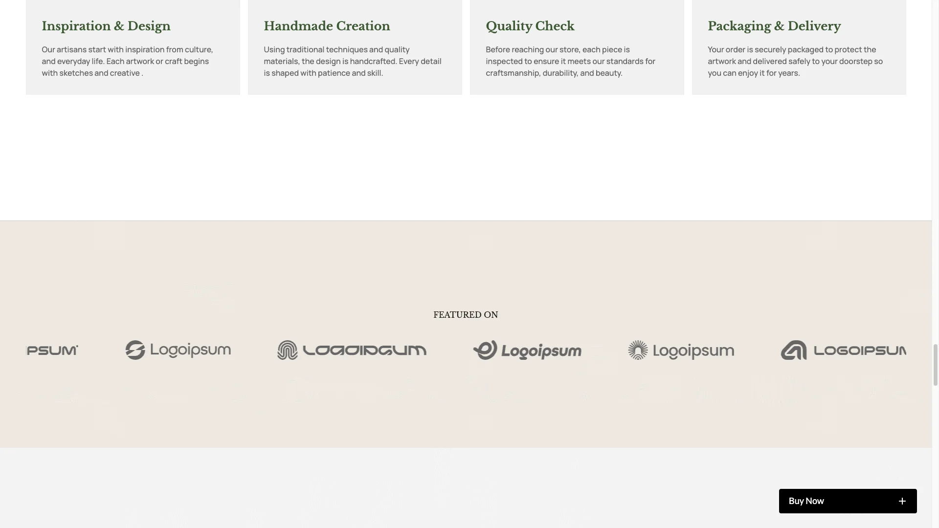 AutoScrolling Logo Strip - TNCFlow Four-column services: Inspiration & Design, Handmade Creation, Quality Check, Packaging & Delivery, with a row of 'Featured On' logos beneath.