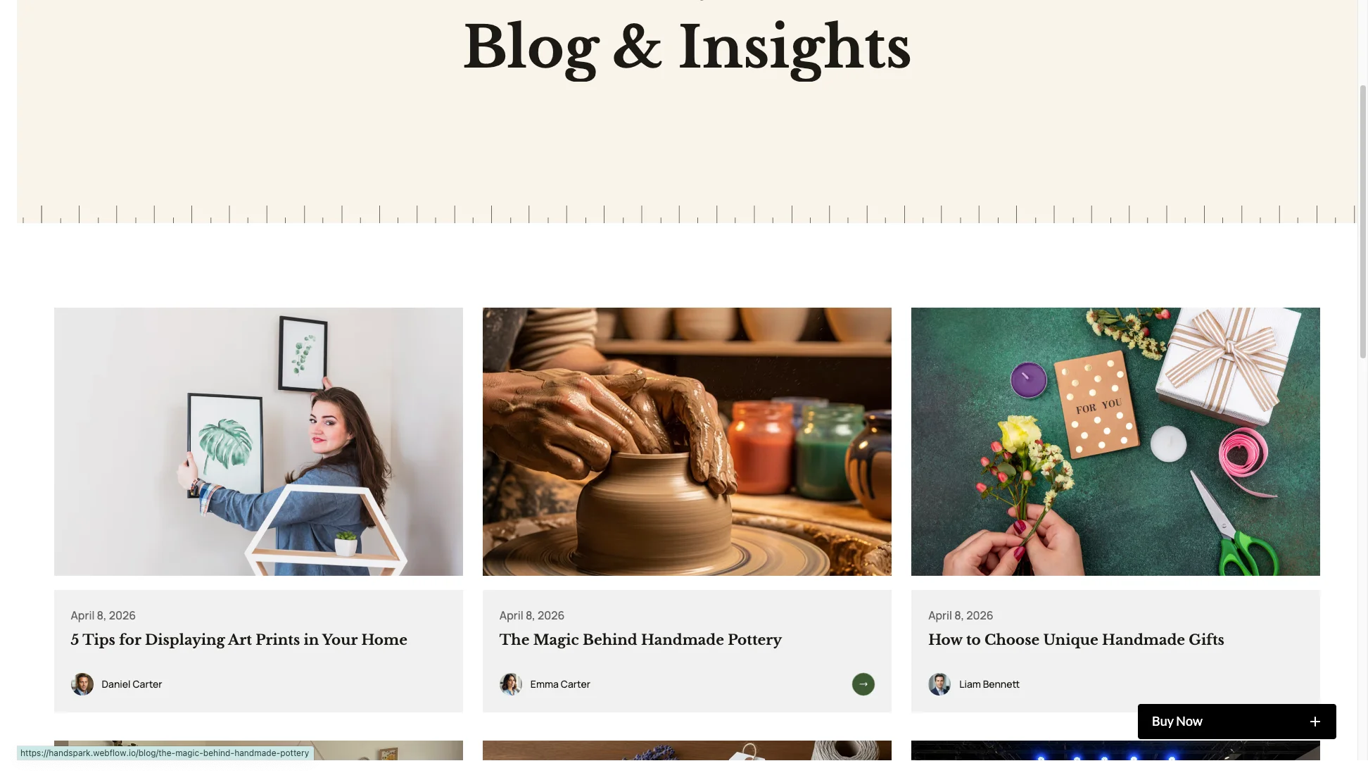 CMSPowered Products Blog - TNCFlow Blog homepage header 'Blog & Insights' with three article thumbnails: framing art, pottery, and gift crafts (screenshot). Interprets page purpose for navigation and content list.