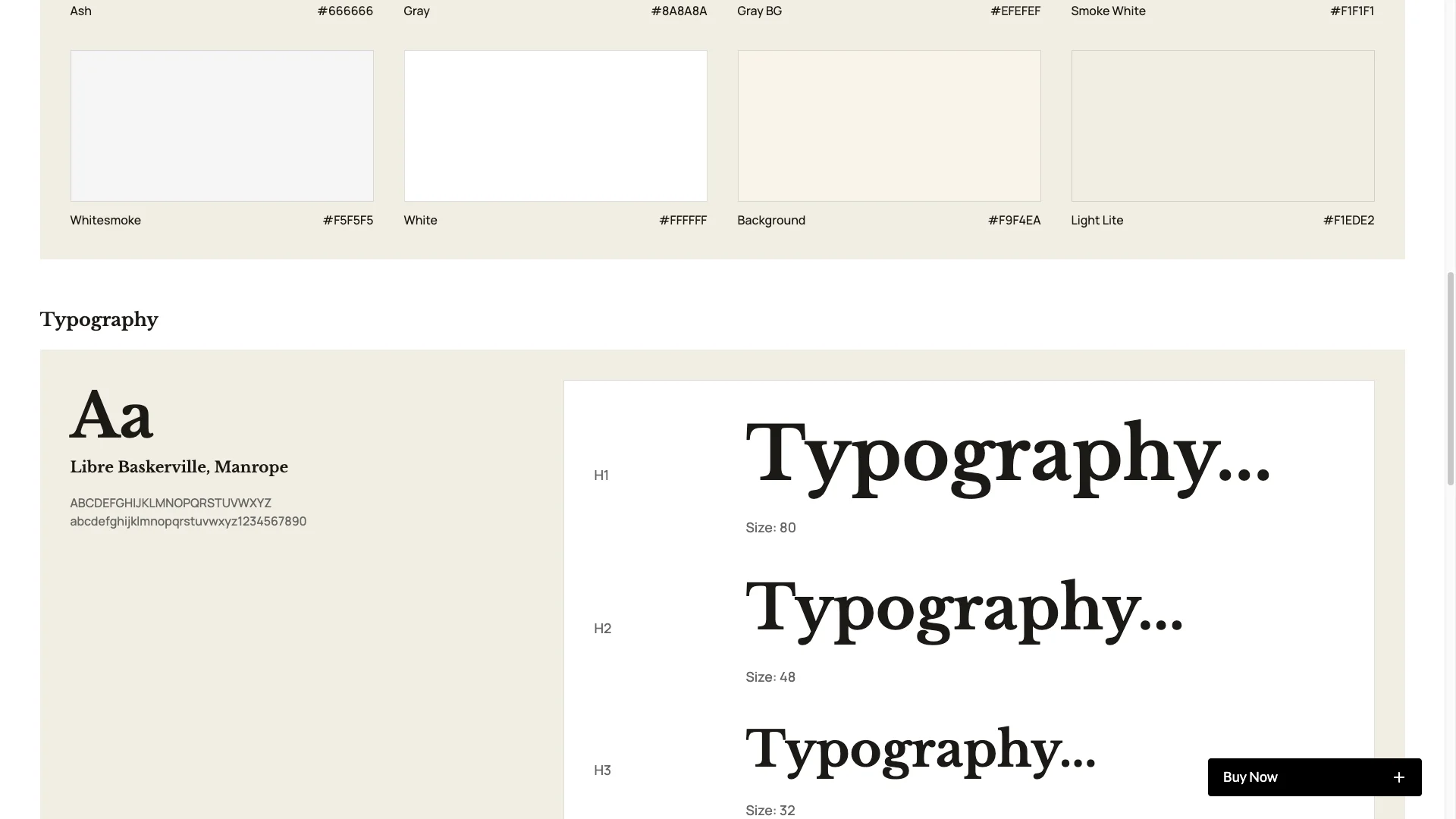 Complete Utility Pages 3 - TNCFlow Typography sample page showing large serif heading 'Typography…' with font size examples (H1–H3); left panel lists font family and sample alphabet.