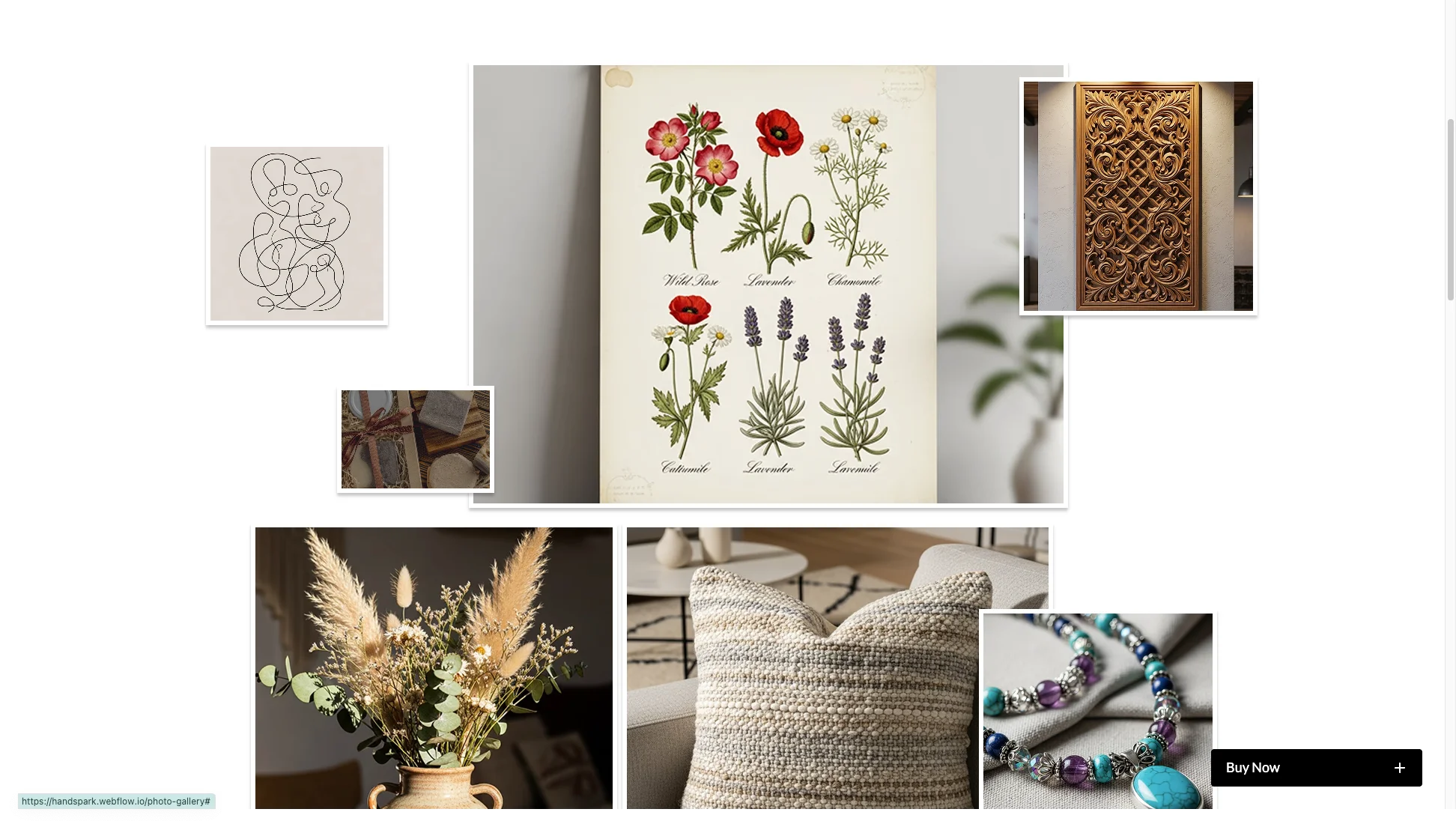 Dynamic Product Gallery - TNCFlow Collage of home decor: botanical print, carved wooden panel, dried flower arrangement, woven pillow, and beaded bracelet.
