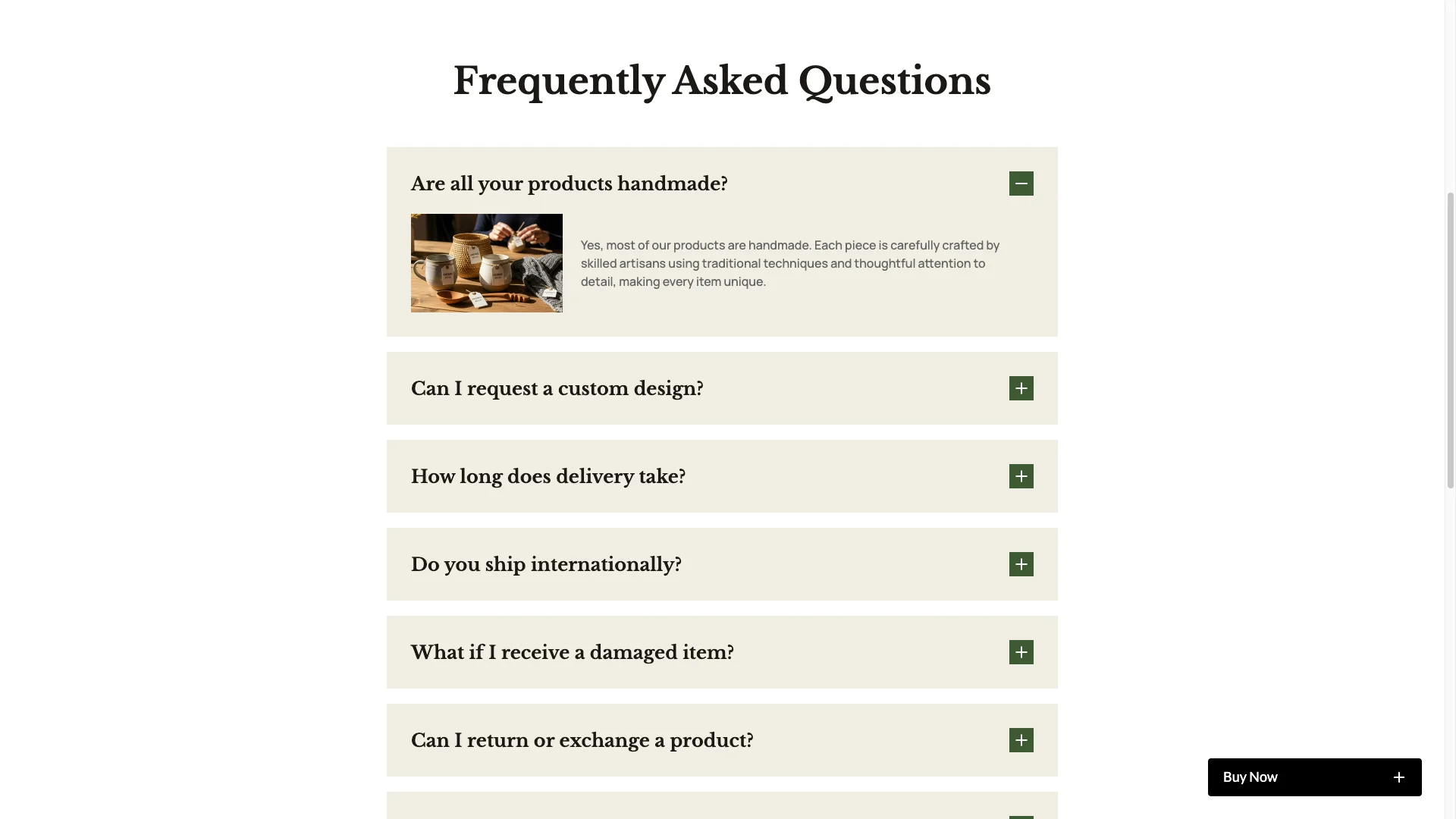 FAQ Accordion - TNCFlow FAQ page showing questions; first item titled "Are all your products handmade?" with a small photo of pottery on a wooden table beside the text
