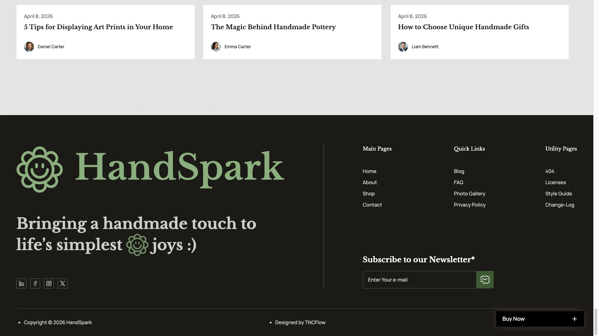 Fully Organized Footer - TNCFlow Screenshot of HandSpark site footer showing logo, columned navigation, and newsletter subscription section.