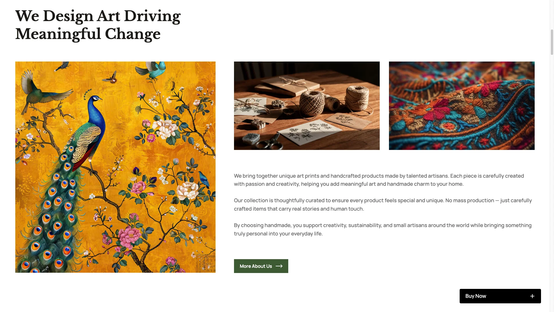 HandmadeFriendly ConversionDriven Design - TNCFlow Hero banner: large golden peacock painting on the left with two craft photos on the right; conveys art and handmade crafts.