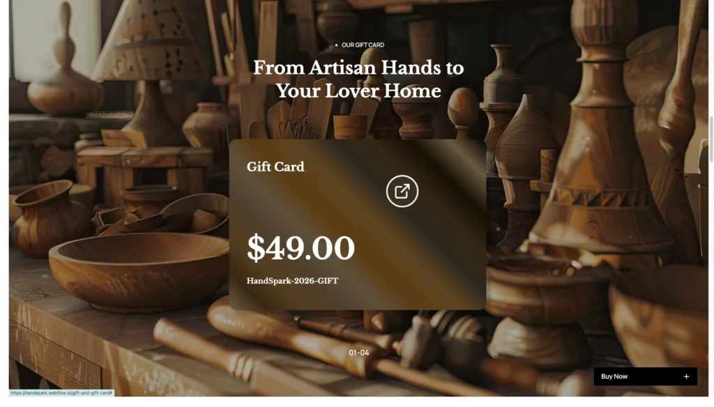 Pixel-Perfect Responsiveness - TNCFlow Hero banner for a Gift Card product: rustic woodshop background with price and 'From Artisan Hands to Your Loved Home' text