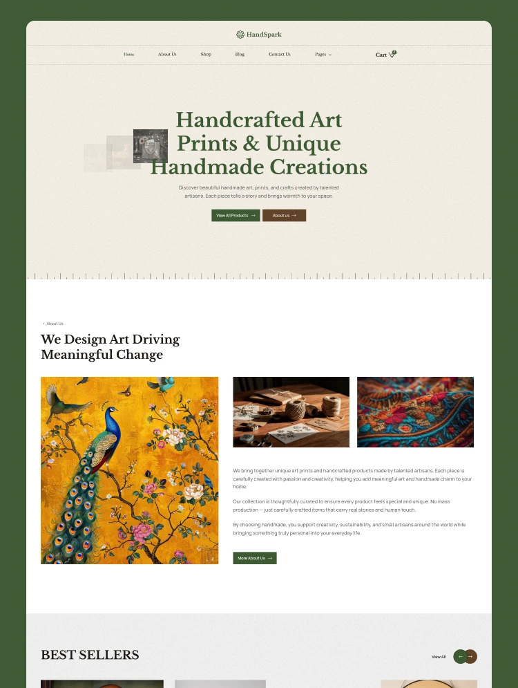 Homepage hero announcing handcrafted art prints and unique handmade creations on a beige backdrop with green typography.