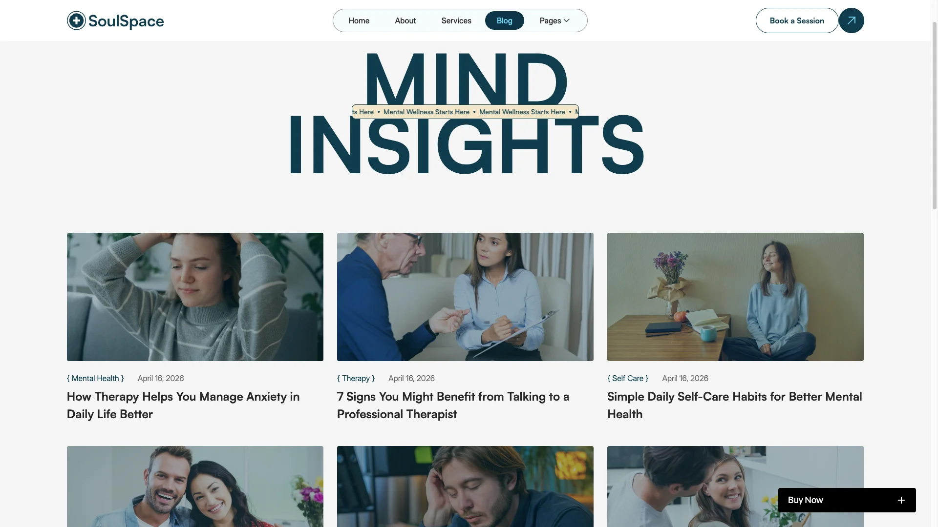 Blog Storytelling - TNCFlow SoulSpace blog homepage with a large Mind Insights banner and three article cards below showing people and topics like therapy and self-care
