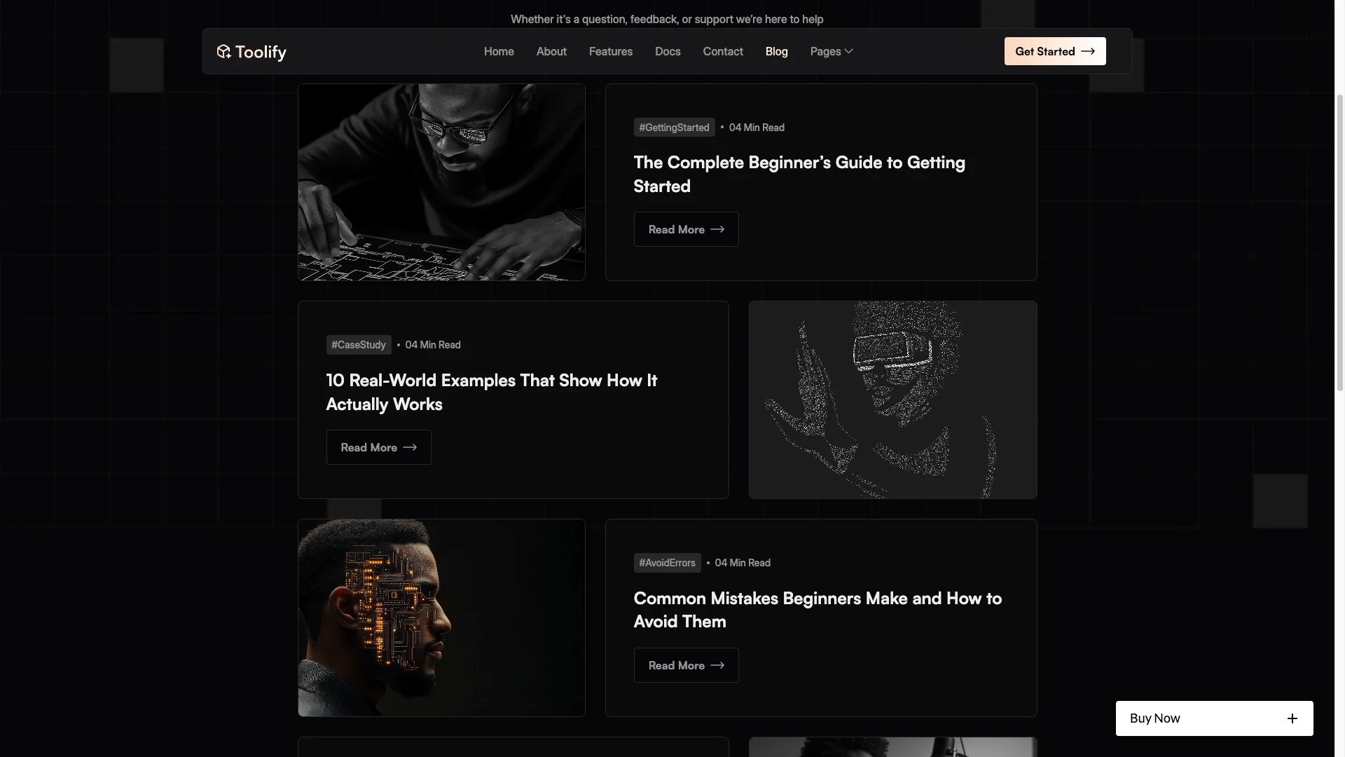 CMSPowered Pages Sections 1 - TNCFlow Dark grid-style blog homepage showing article cards with titles like 'The Complete Beginner’s Guide to Getting Started' and a 'Read More' button.