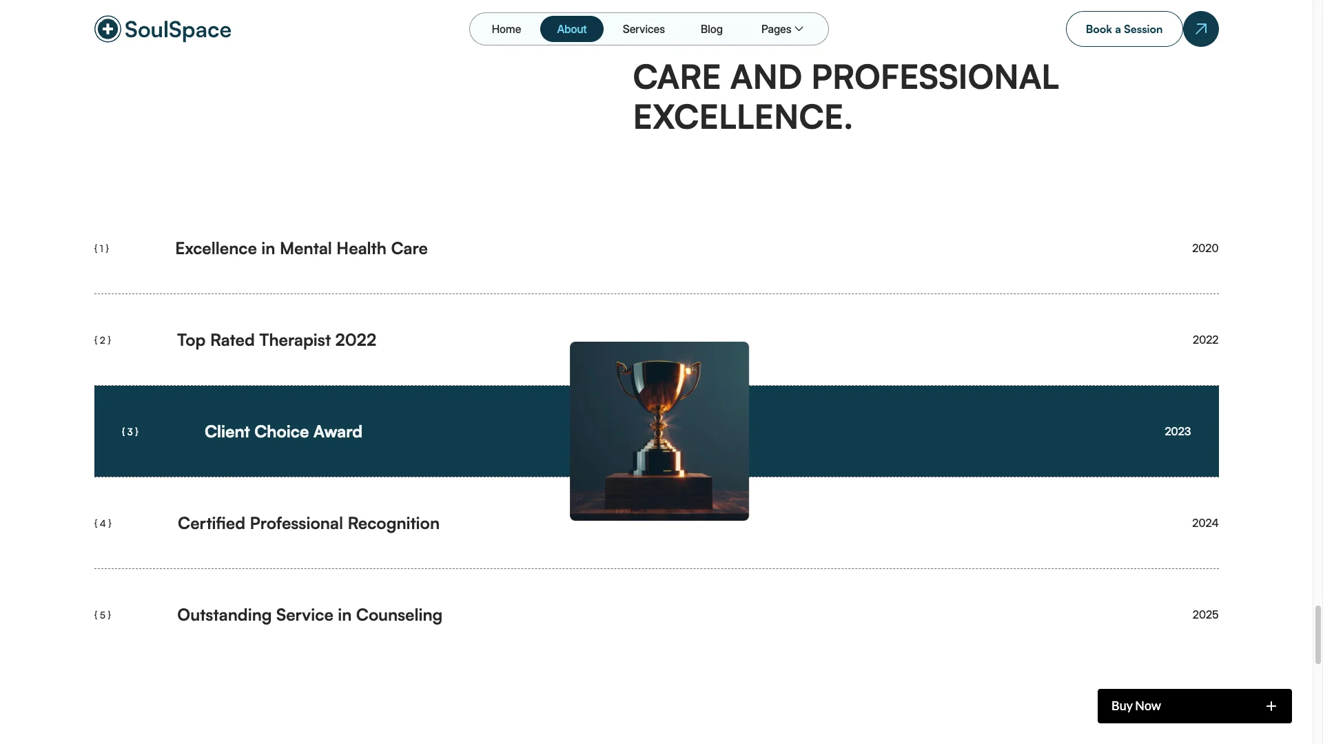 CMSPowered Pages Sections - TNCFlow Awards timeline for SoulSpace: 2020 Excellence in Mental Health Care, 2022 Top Rated Therapist (trophy image), 2023 Client Choice Award, etc.