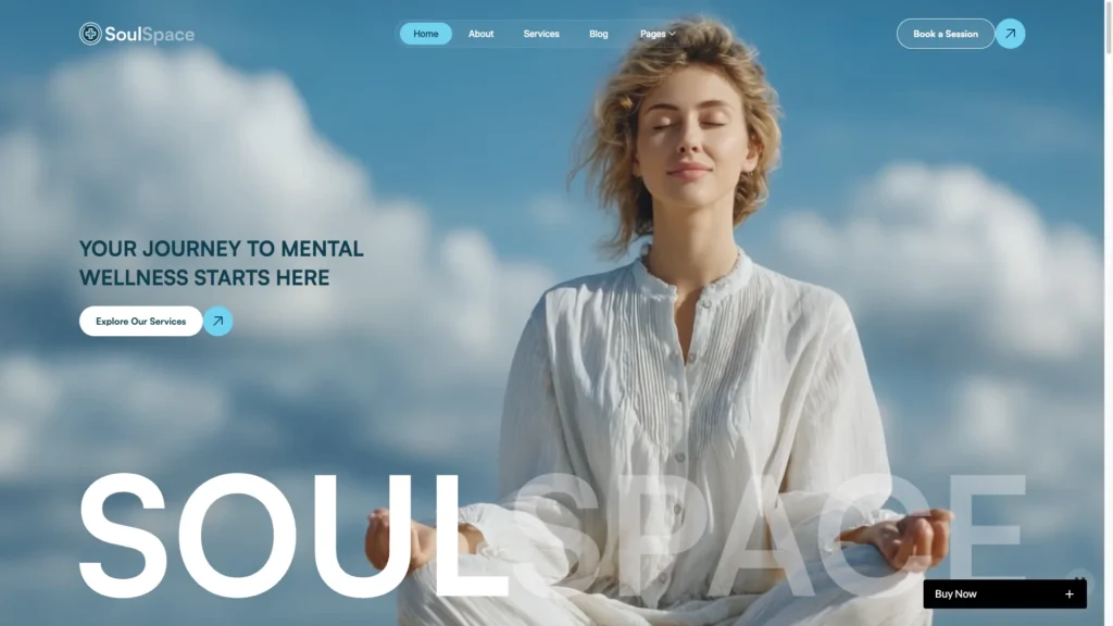 Calm SoulCentered Design - TNCFlow Woman meditating outdoors with eyes closed against a blue sky and clouds, conveying calm mental wellness for SoulSpace (hero image)
