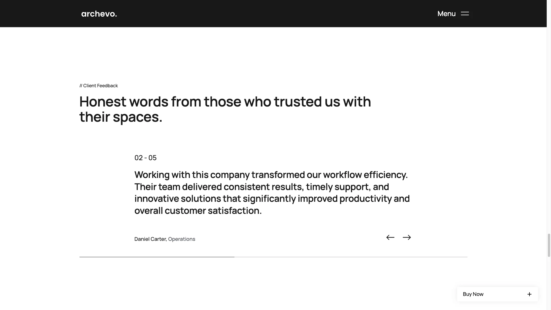 Client Testimonials Section - TNCFlow Testimonial page header reading: 'Honest words from those who trusted us with their spaces.' on a white background with a black site header (archevo).