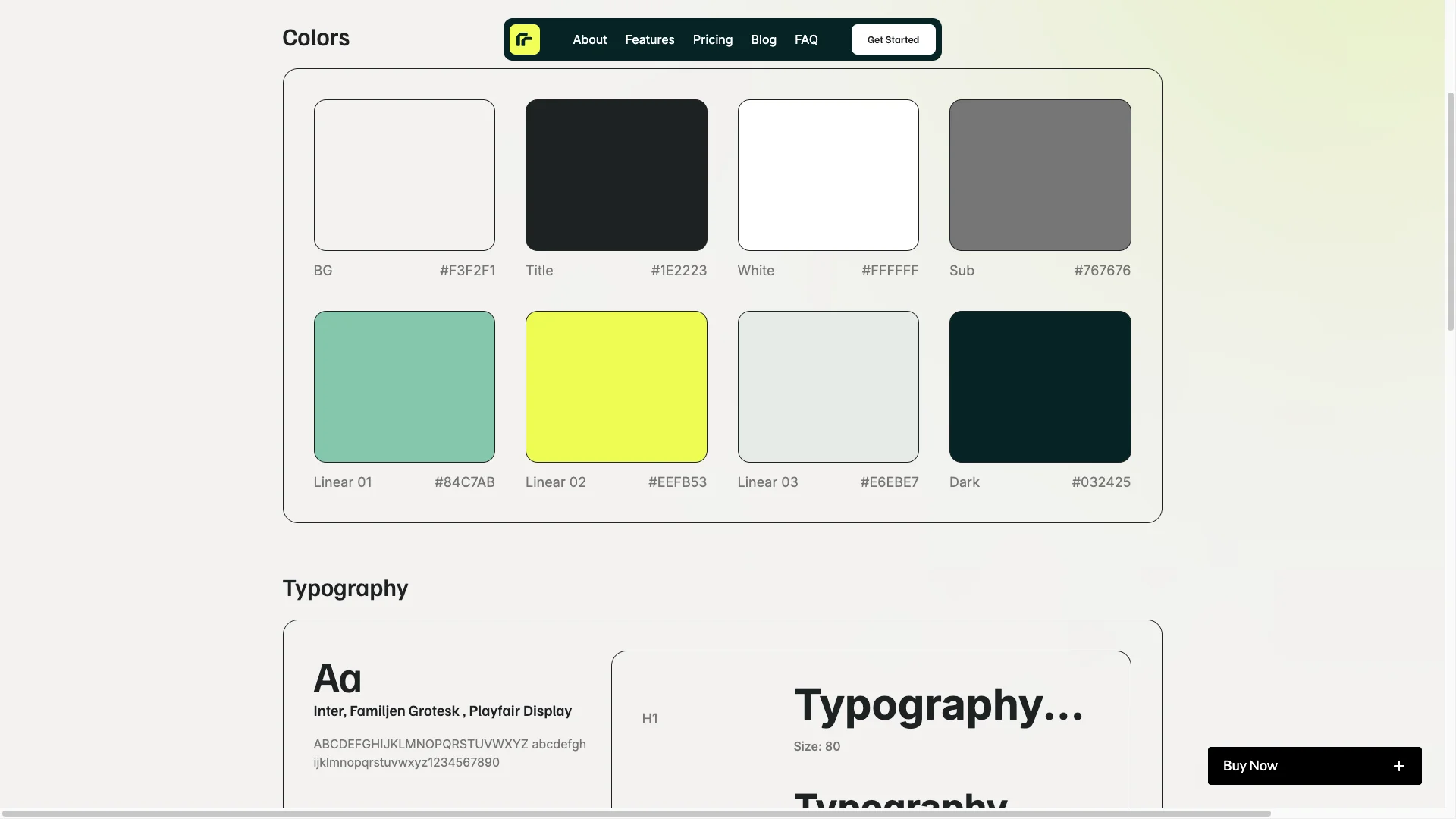 Complete Utility Page - TNCFlow Grid of color swatches with labels and hex codes: BG (#F3F2F1), Title (#1E2223), White (#FFFFFF), Sub (#767676) in the first row; Linear 01 (#84C7AB), Linear 02 (#EEFB53), Linear 03 (#E6EBE7), Dark (#032425) in the second row.