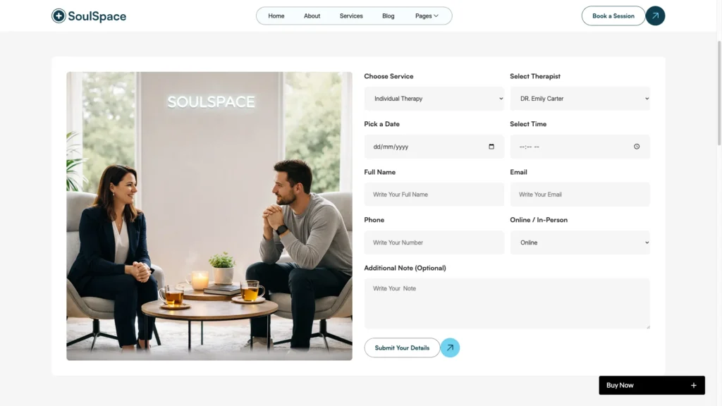 Contact Booking - TNCFlow Two people sit on a sofa in a bright lounge, smiling and talking over coffee cups with plants on the table; SoulSpace logo on the wall behind them.
