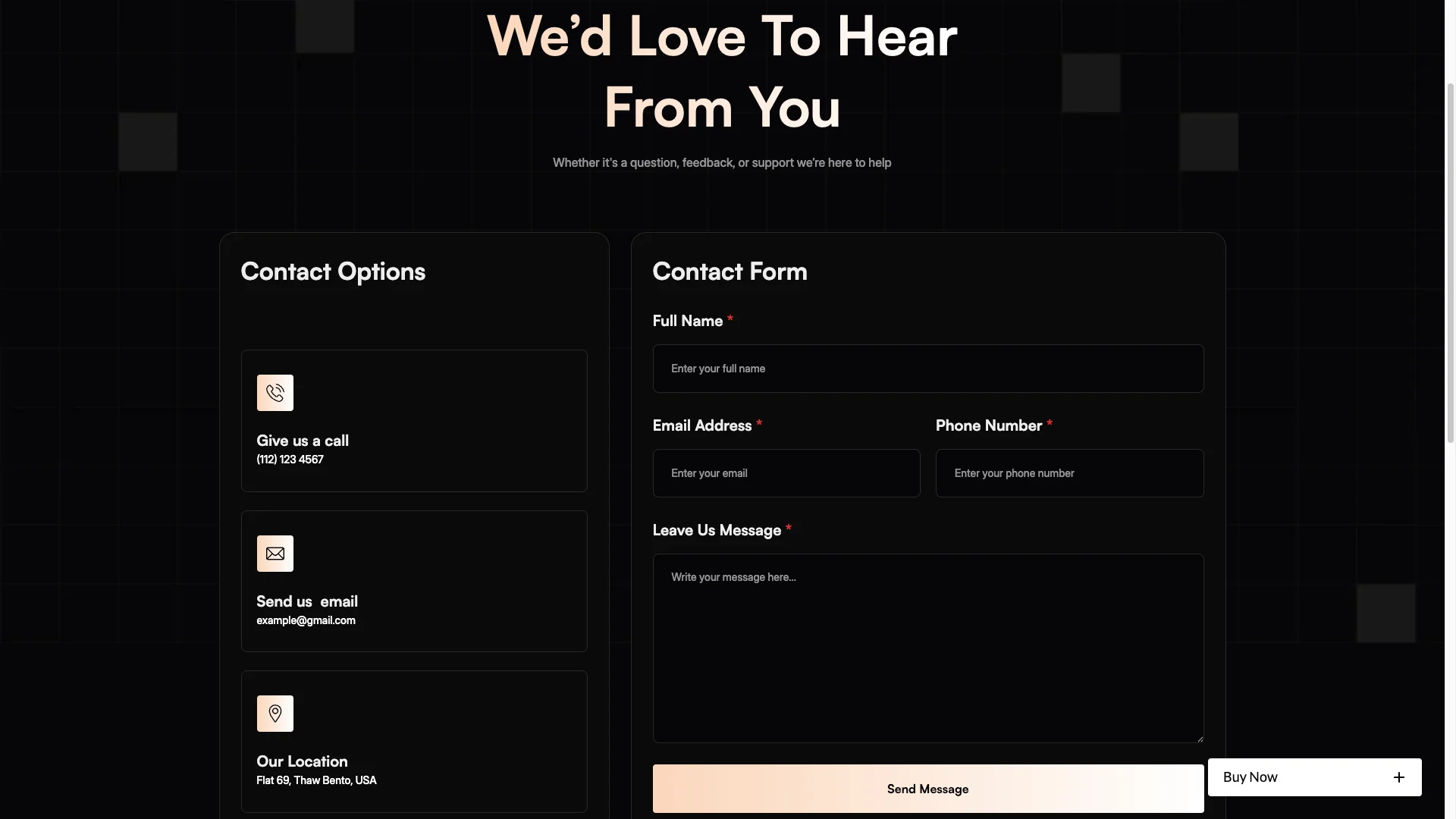 Contact Onboarding Flow - TNCFlow Two-column contact page: left panel shows Contact Options (call, email, location) and right panel contains a Contact Form with fields for name, email, phone, message and a Send button.