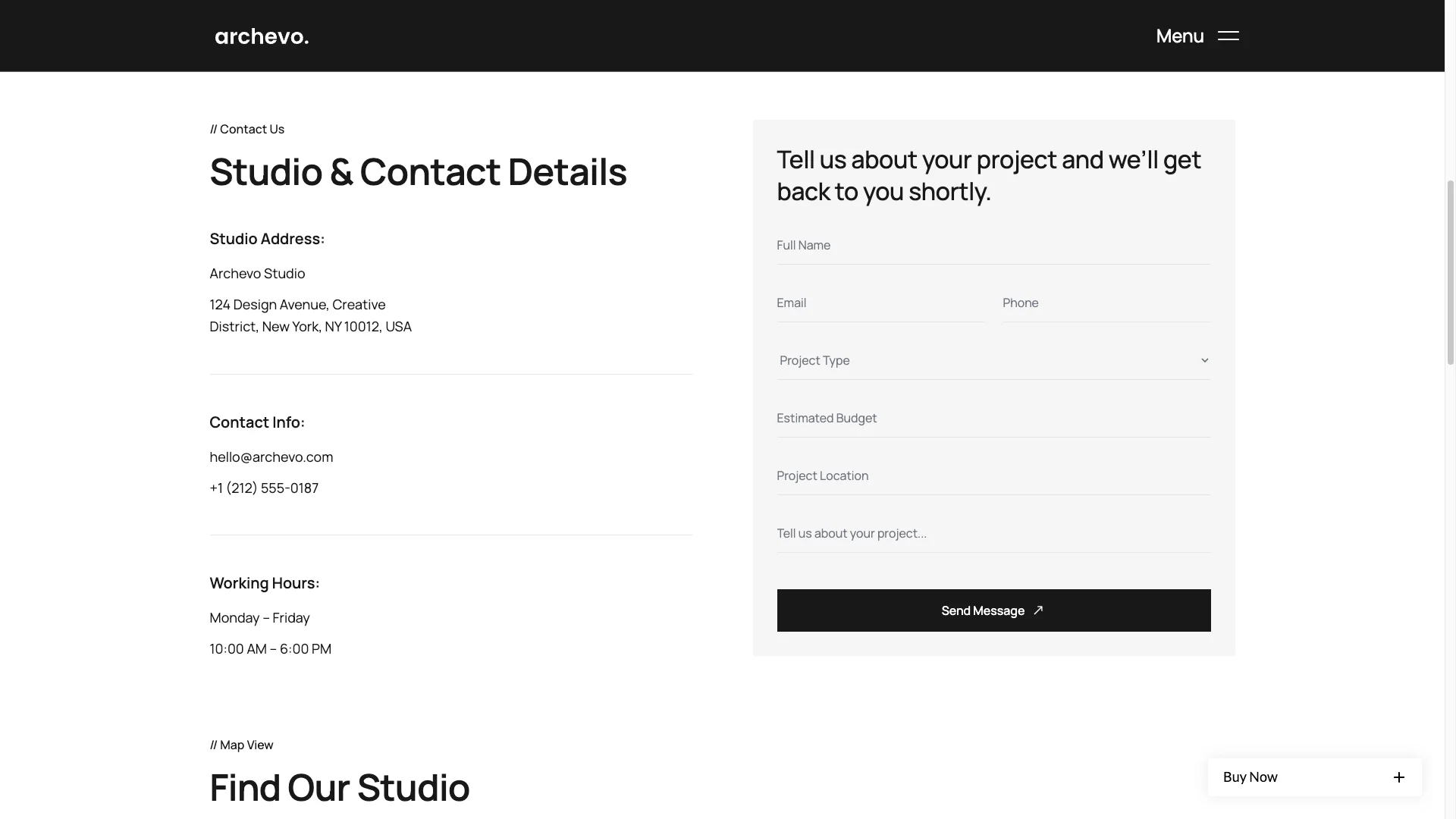 Contact and Inquiry Page - TNCFlow Studio contact details on the left with address and info, and a right-side project inquiry form titled 'Tell us about your project' with fields and a Send button.