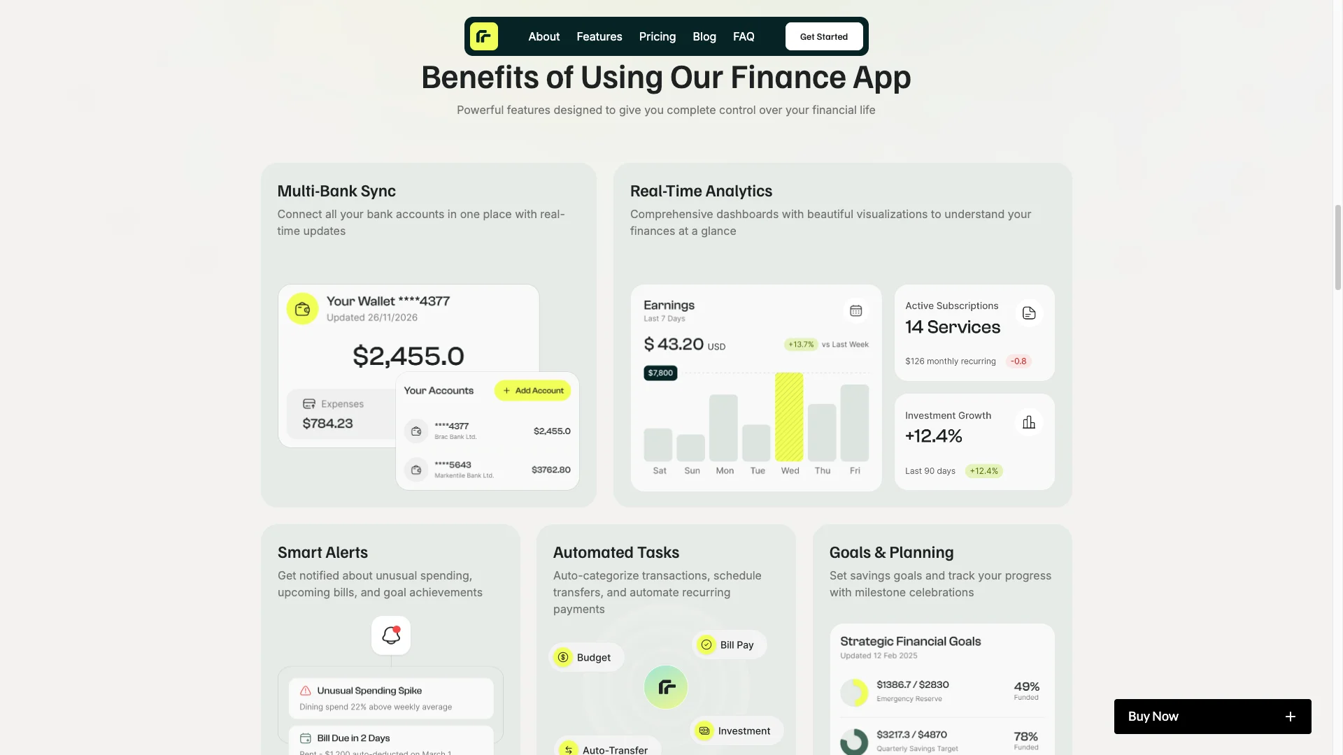 Dynamic Hero and Product Showcase - TNCFlow Finance app landing page with header nav and two feature panels: Multi-Bank Sync and Real-Time Analytics.