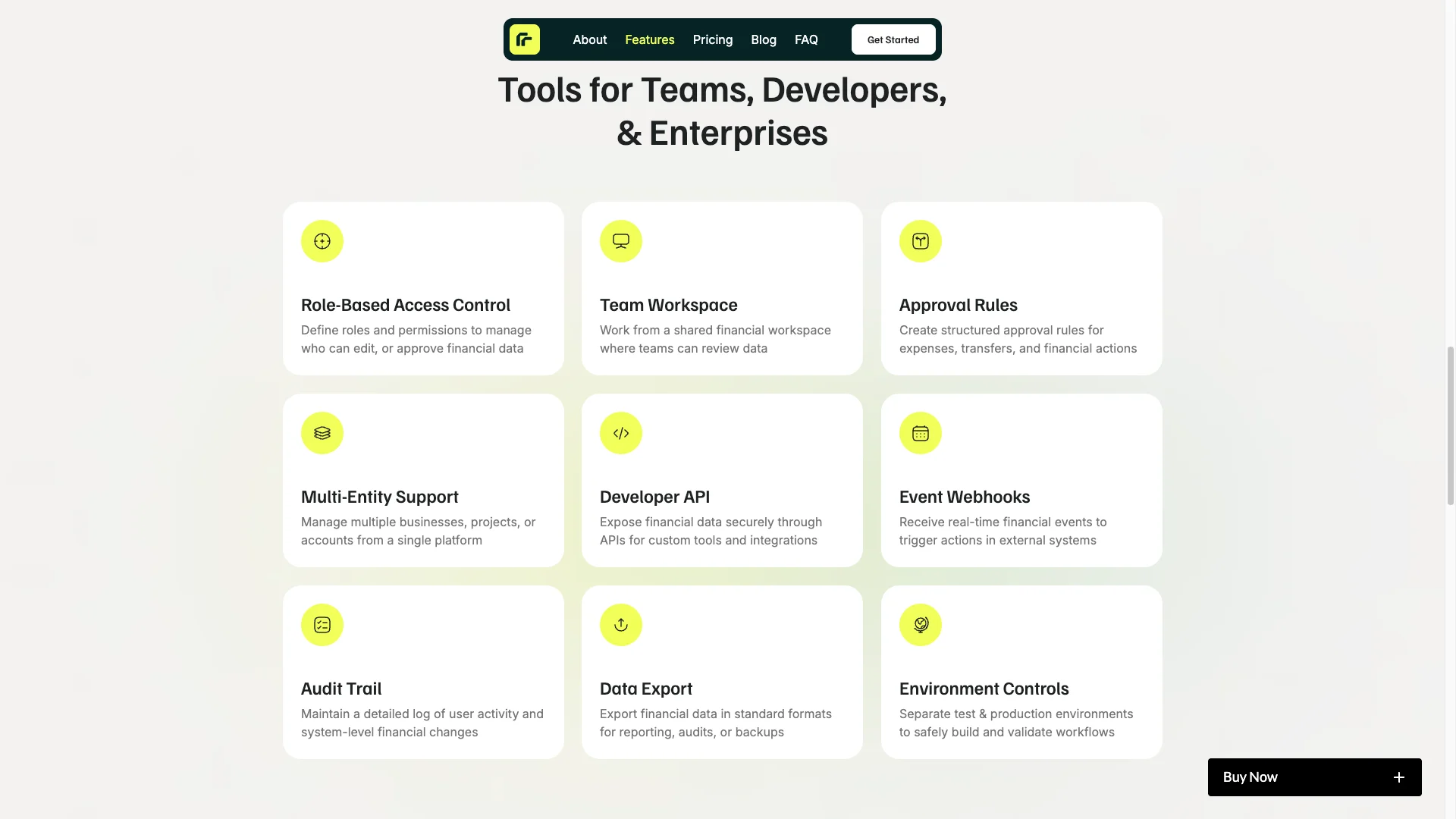 Feature Grids and Benefit Blocks - TNCFlow Grid of rounded white feature cards with yellow icons, showing tools for teams, developers, and enterprises.