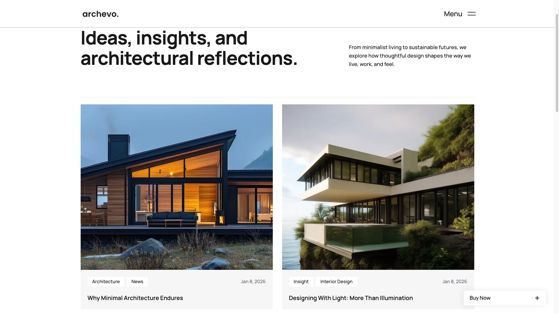 Full CMS Control - TNCFlow Two side-by-side architectural photos on a magazine site: left, warm-lit modern house; right, sleek glass house by water.