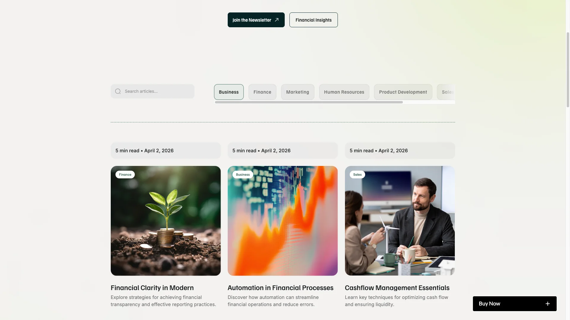 Full CMS Controll - TNCFlow A section of a financial website showing three article cards with images: a plant growing from coins, a stock chart, and a business meeting.