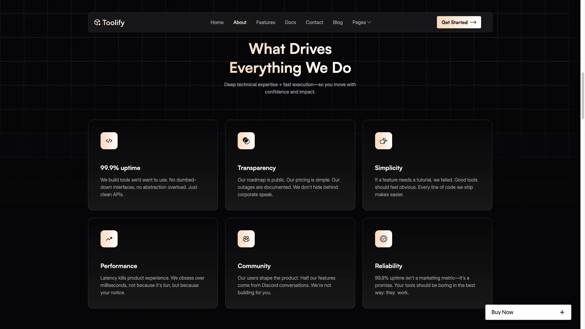 Full Responsiveness MobileFirst Feel - TNCFlow Hero title: 'What Drives Everything We Do' with subtitle about technical expertise and fast execution on a dark grid background