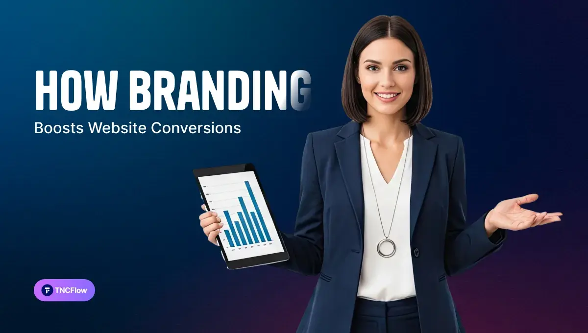 How-a-good-branding-solution-directly-increases-your-websites-conversion-rate Businesswoman in a navy blazer presents a tablet with a chart, next to the headline “HOW BRANDING Boosts Website Conversions” on a blue gradient background.