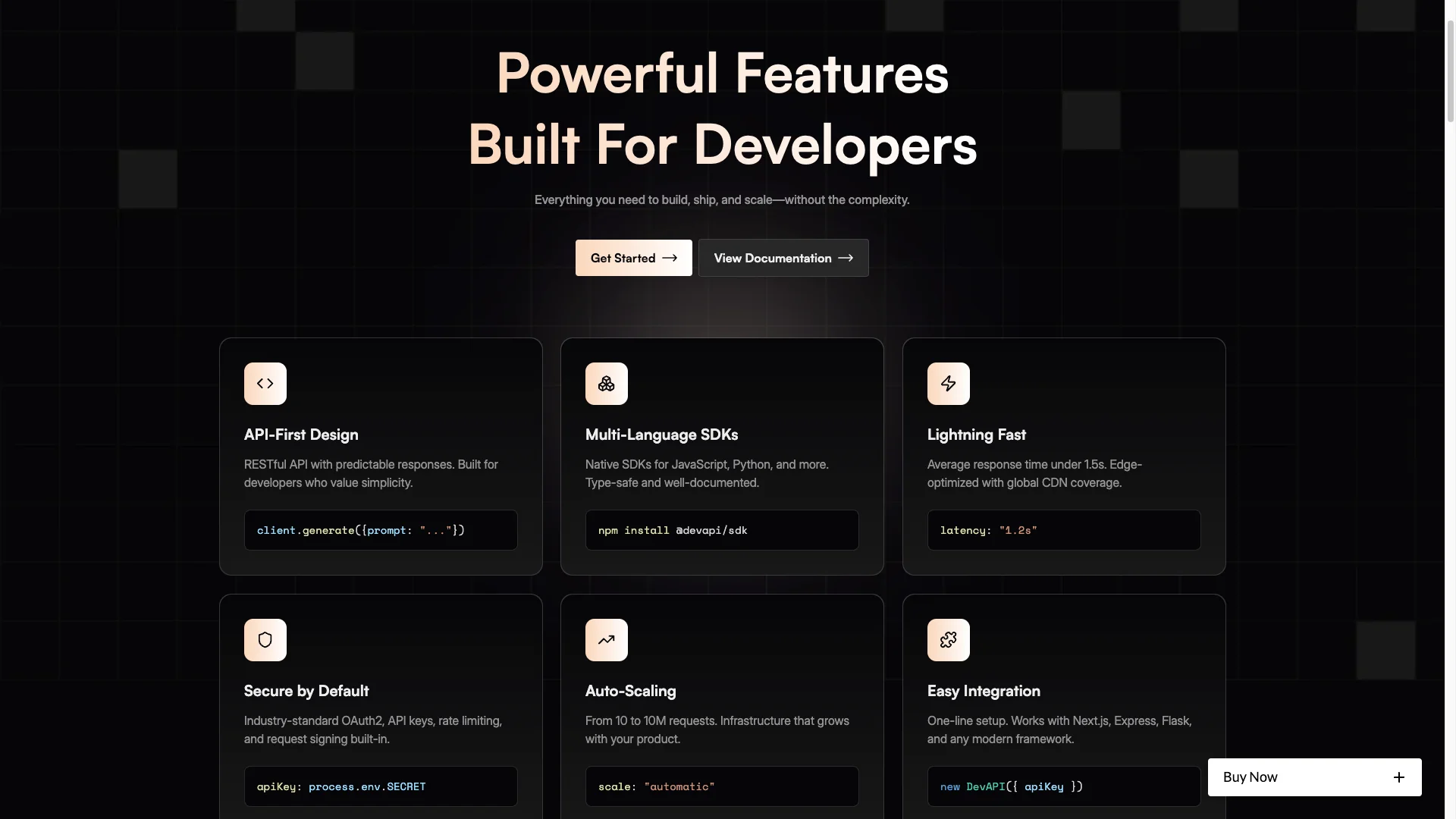 Impressive Features Showcase - TNCFlow Hero section with bold headline 'Powerful Features Built For Developers' and two CTAs: Get Started and View Documentation on a dark grid background.