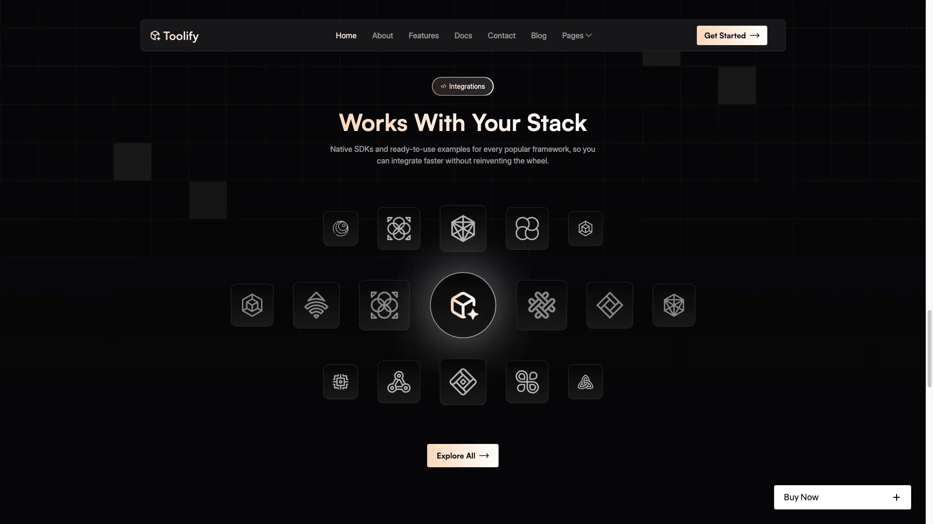 Impressive Homepage - TNCFlow Header navigation bar over a dark grid background with a central hero: 'Works With Your Stack' and integration icons below it