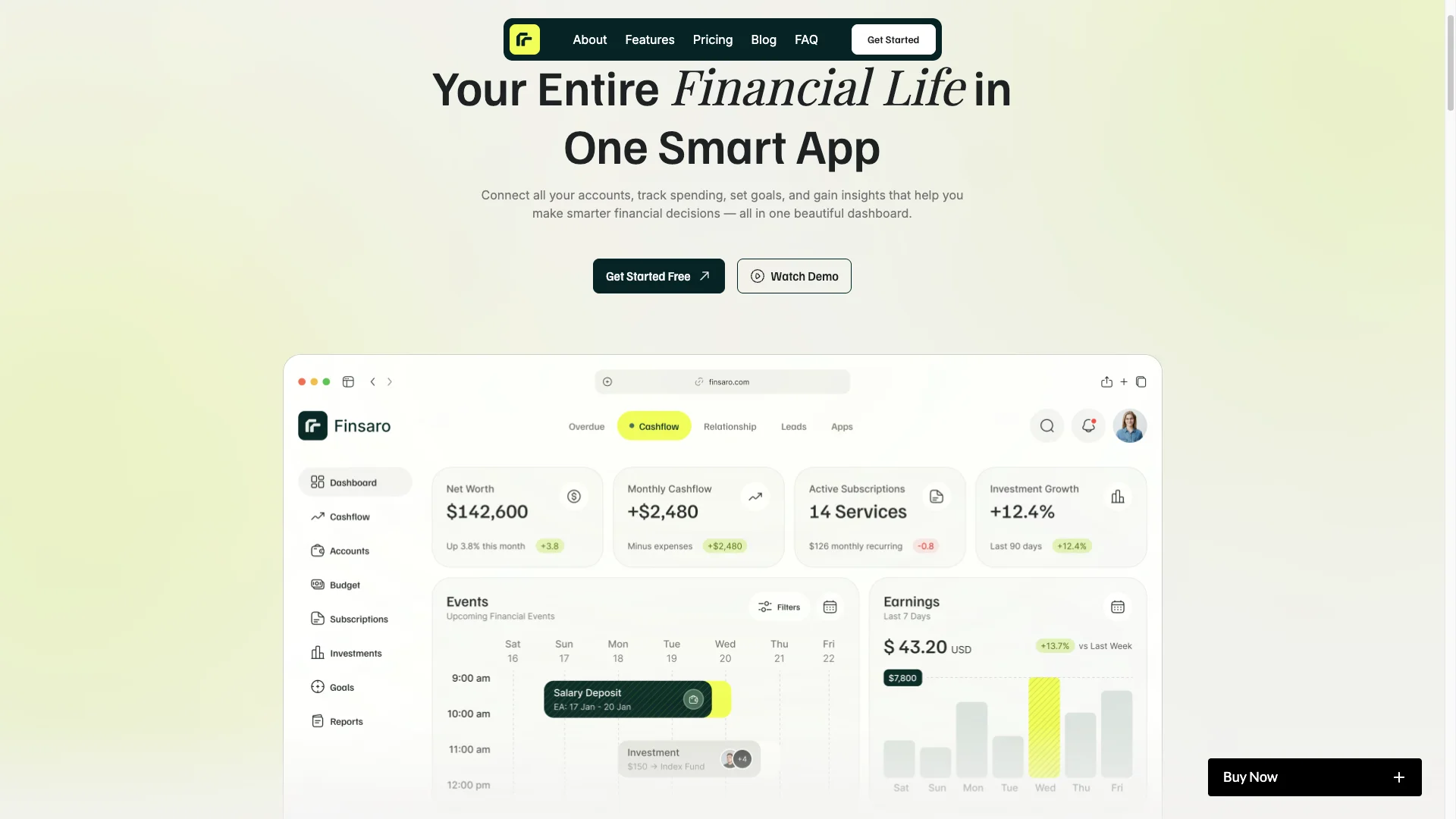 Modern Fintech Product Design - TNCFlow Hero section with bold headline: 'Your Entire Financial Life in One Smart App' and a dimmed navigation bar above; foreground shows two CTA buttons and a large device mockup of the Finsaro dashboard.