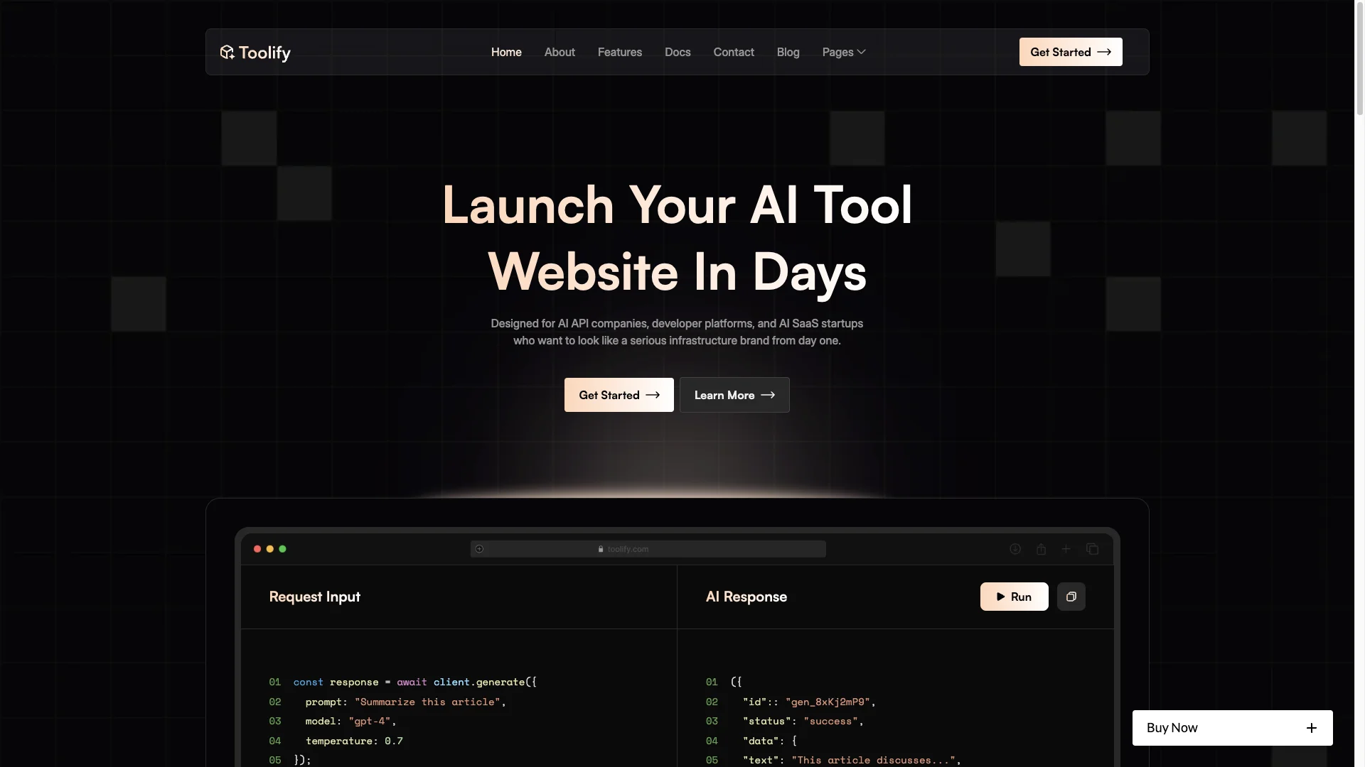 Modern ToolStyle Product Design - TNCFlow Hero banner: dark grid background with a navigation bar and a large peach-colored title reading 'Launch Your AI Tool Website In Days' and two call-to-action buttons below.