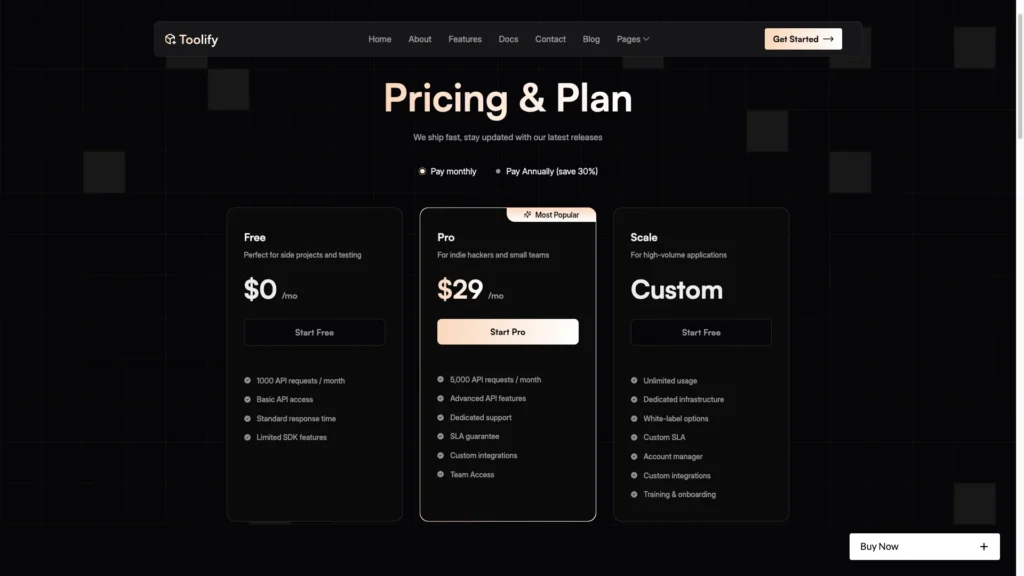 Pricing Plan Section - TNCFlow Pricing page with three dark plan cards—Free, Pro, and Custom; Pro is labeled Most Popular on a black grid background with Start buttons and features list.