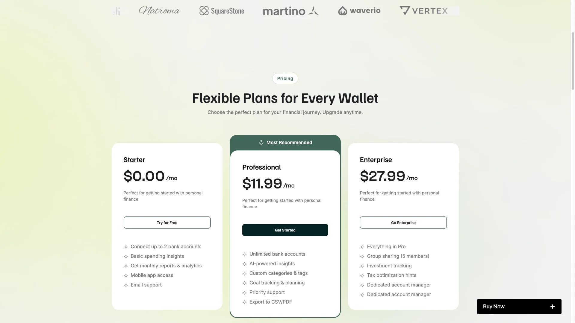 Pricing and Subscription Plan Page - TNCFlow Hero section showing three pricing cards: Starter alt=