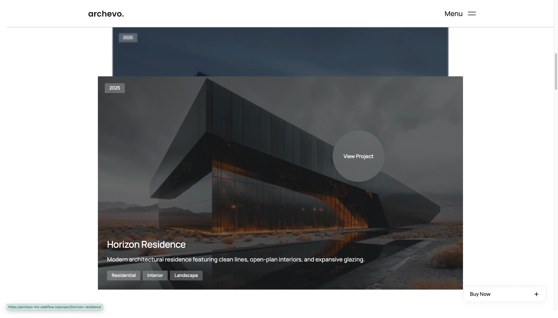 Project Showcase Pages - TNCFlow Architectural render of Horizon Residence: a modern glass building in a desert setting with overlay badges and a circular 'View Project' button on the hero image.