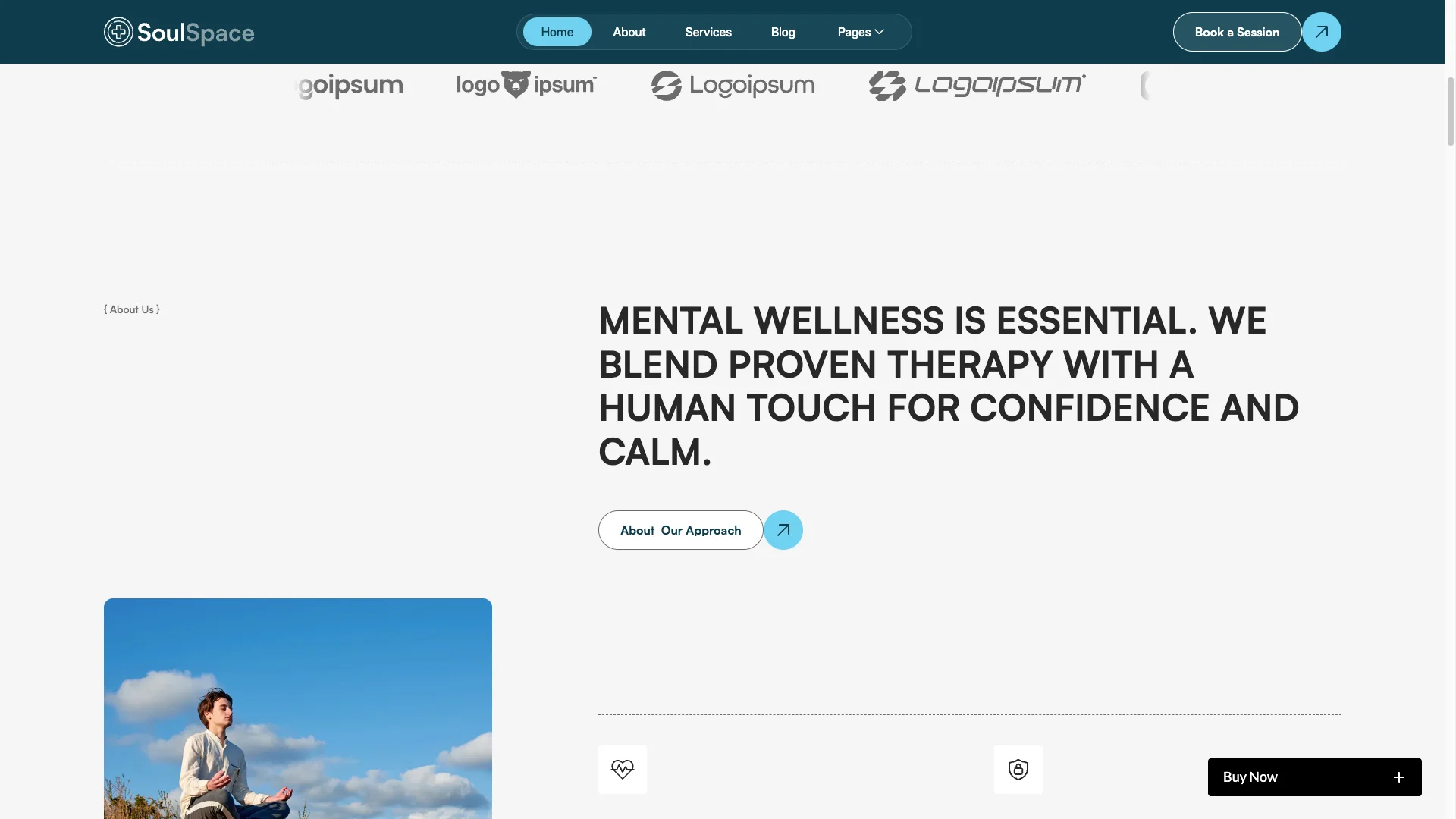 Responsiveness MobileFirst Feel - TNCFlow Hero header with bold multiline headline 'MENTAL WELLNESS IS ESSENTIAL. WE BLEND PROVEN THERAPY WITH A HUMAN TOUCH FOR CONFIDENCE AND CALM.' and an 'About Our Approach' button; top navigation/logo strip visible.
