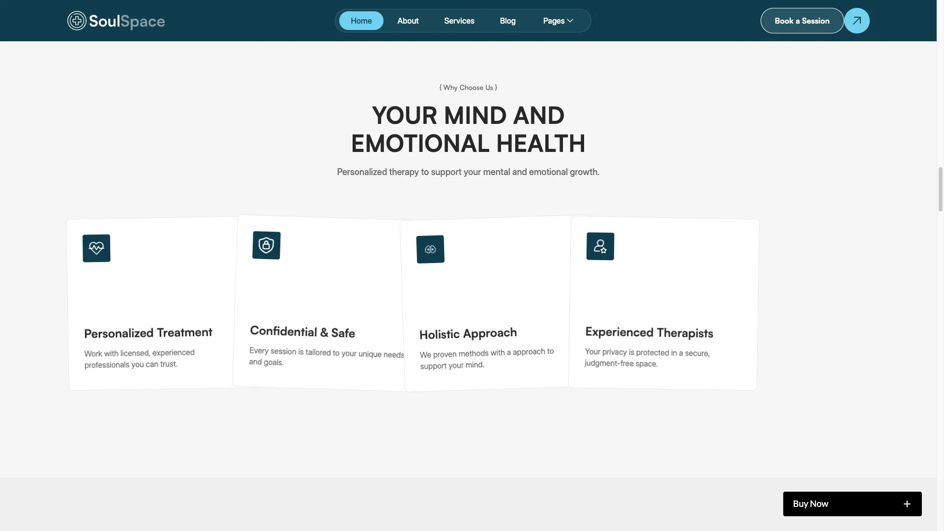 Screenshot 2026-05-04 at 22201 PM - TNCFlow Row of four white cards with teal icons at the top: Personalized Treatment, Confidential & Safe, Holistic Approach, Experienced Therapists.