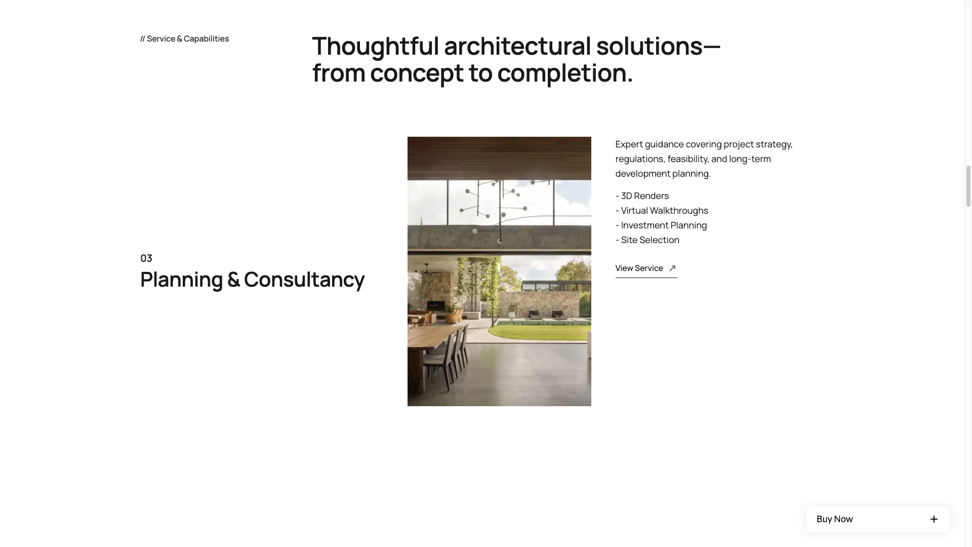 Services and Process Pages - TNCFlow Hero section for Planning & Consultancy featuring an interior space with a courtyard garden (office setting).