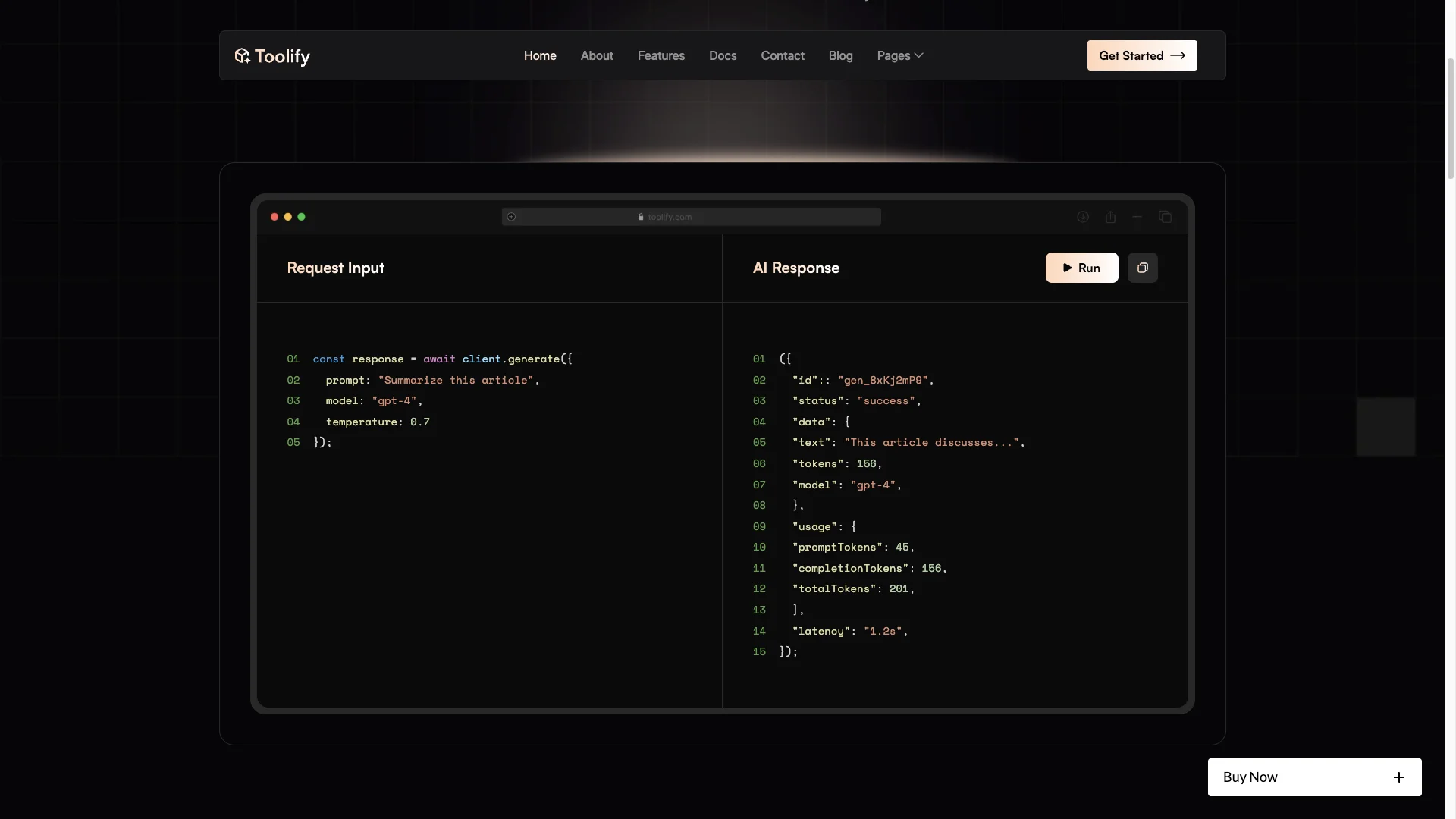 SyntaxHighlighted Code Blocks - TNCFlow Screenshot of a dark web app with a split layout: left panel labeled 'Request Input' containing code, right panel labeled 'AI Response' with JSON text and a Run button.