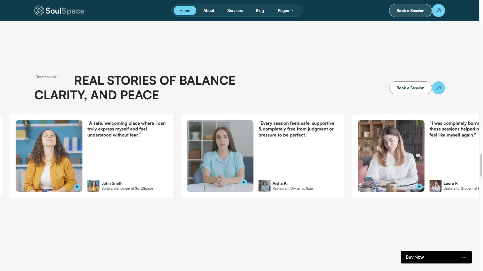 Testimonials That Feel Intimate - TNCFlow Hero section with bold headline 'REAL STORIES OF BALANCE CLARITY, AND PEACE' and three testimonial cards below on a light gray background, conveying client stories.