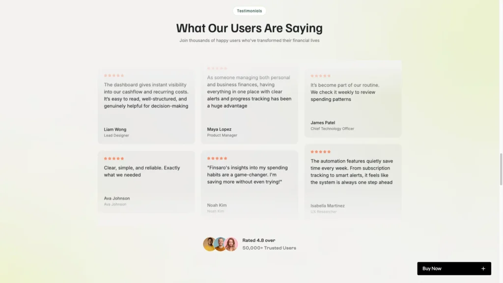 Testimonials and Case Studies - TNCFlow Section titled 'What Our Users Are Saying' with six testimonial cards showing quotes, star ratings, and user names/roles.