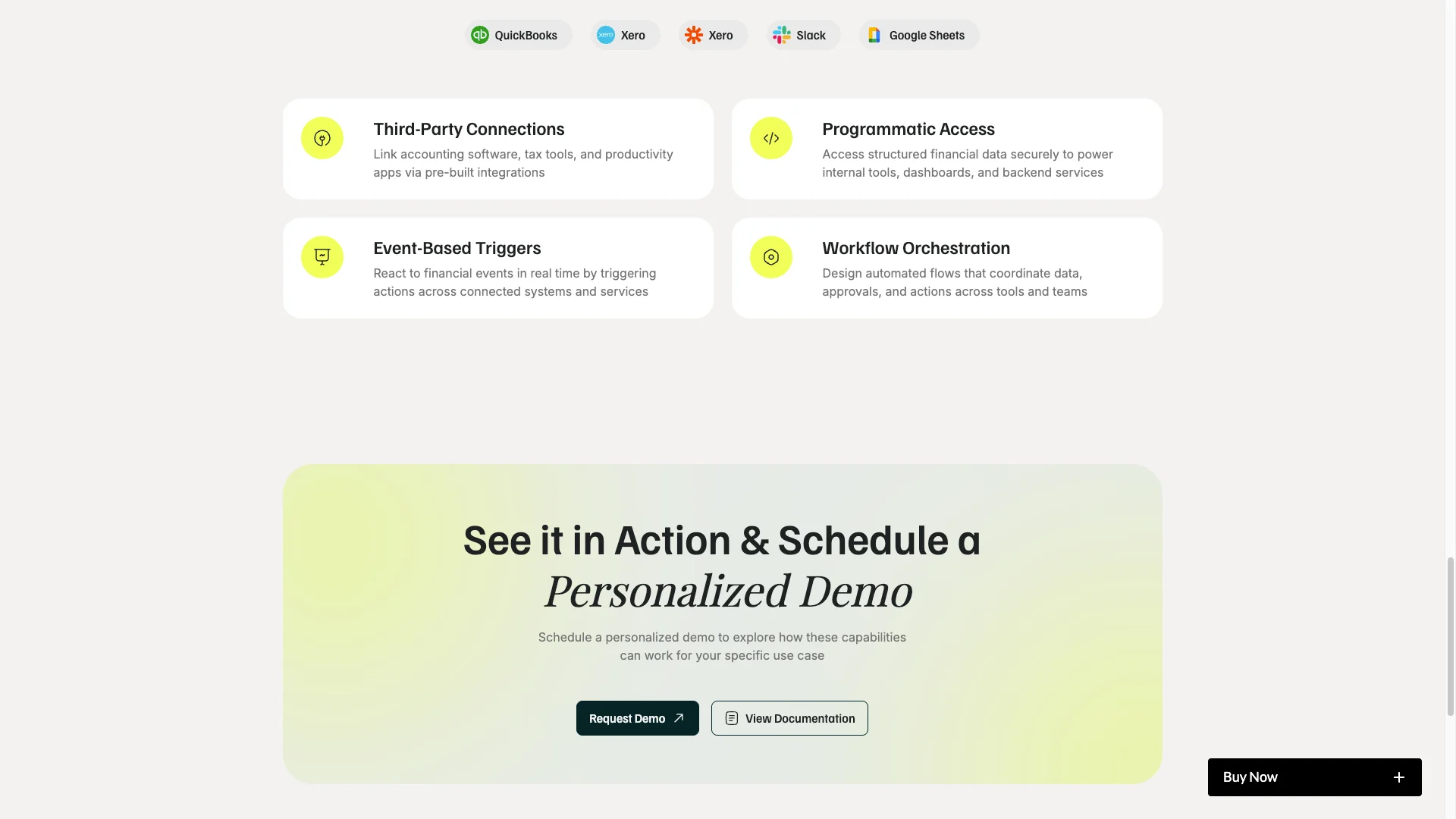 Use Case and How It Works Section - TNCFlow Four feature tiles: Third-Party Connections, Programmatic Access, Event-Based Triggers, and Workflow Orchestration, each with a small yellow icon.