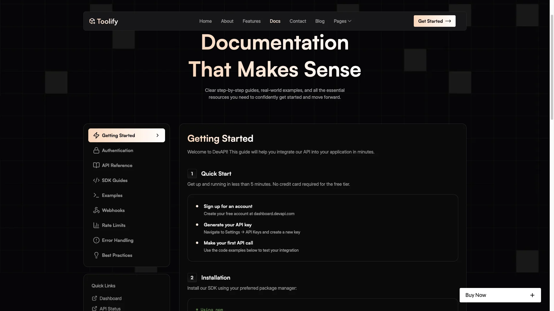 UseCase Documentation Page - TNCFlow Dark docs site hero: large peach title 'Documentation That Makes Sense' with a dark grid background and a top navigation bar labeled Toolify, plus a left-hand menu and a 'Getting Started' card below.