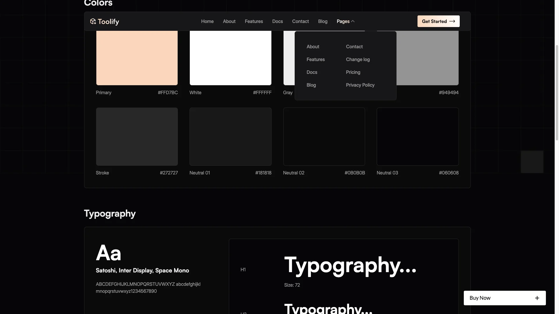 Utility Pages Included 1 - TNCFlow Dark-theme color palette page showing swatches with hex codes (Primary peach #FFD7BC, White #FFFFFF, Gray #949494, Stroke #272727, Neutral swatches) and a dropdown menu overlay titled Toolify