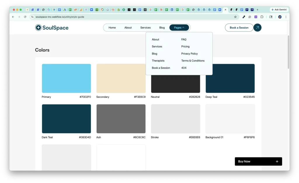 Utility Pages Included - TNCFlow Screenshot of a 'Colors' palette page showing a grid of color swatches with names and hex codes (e.g., Primary #70D2F0, Secondary #F3E6C9, Dark Teal #083D4D, Deep Teal #023545). A floating navigation dropdown is visible near the top.
