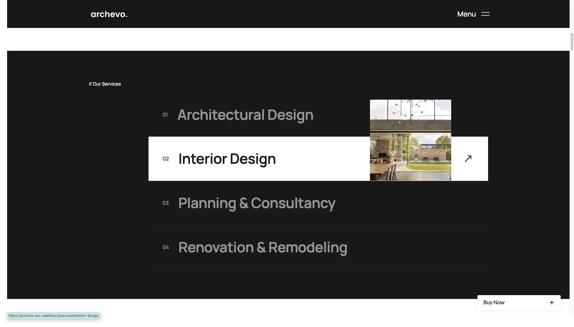 Works on Every Device - TNCFlow Dark portfolio page section labeled Our Services with items: 01 Architectural Design and 02 Interior Design, plus a right-side image collage.