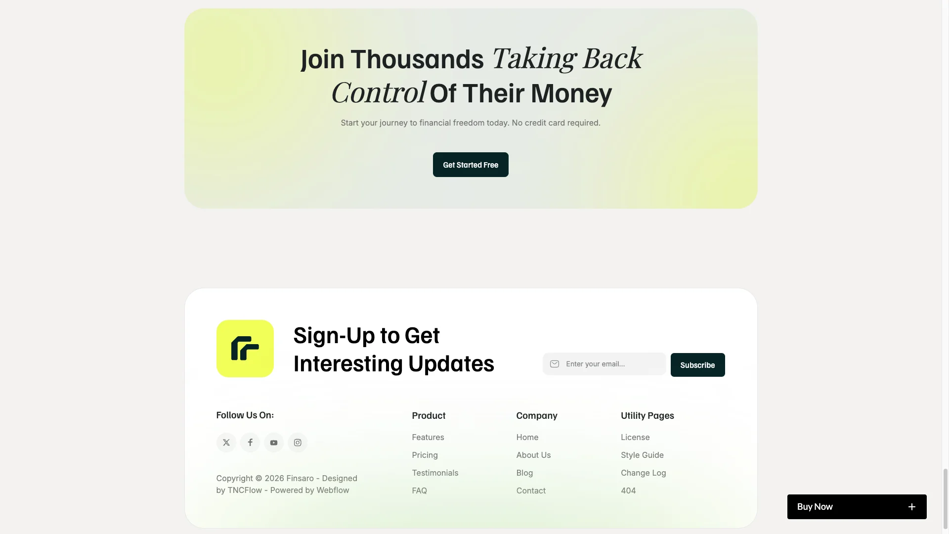 Works on Every Devices - TNCFlow Hero banner with a pale gradient rounded rectangle, large headline 'Join Thousands Taking Back Control Of Their Money' and a dark 'Get Started Free' button.