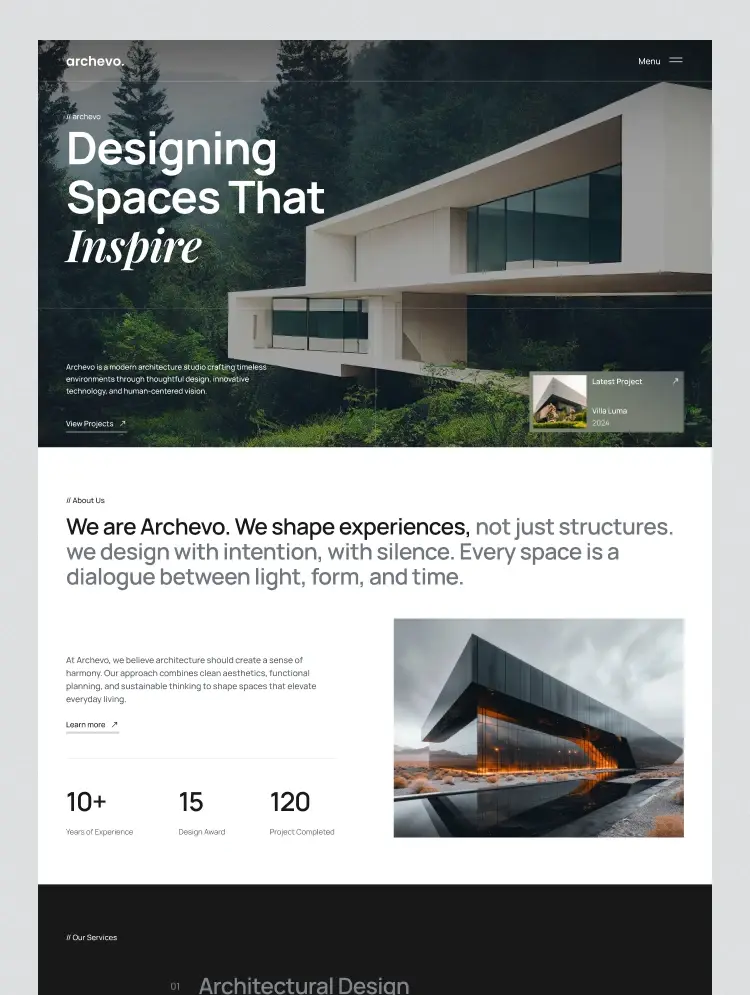 Hero image of a modern white angular house on a forested hillside with bold white text: 'Designing Spaces That Inspire' and a small 'archevo' logo in the corner, conveying an architectural design studio theme.