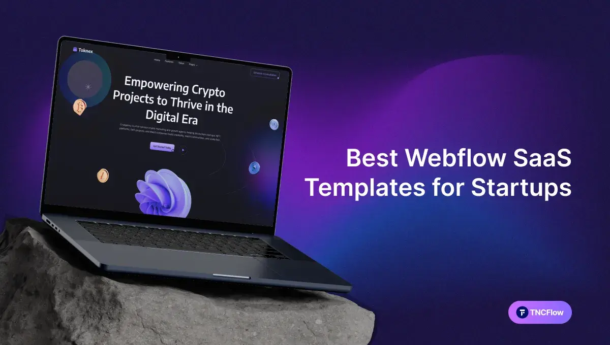 best-webflow-saas-templates-for-startups Laptop on a rock shows a dark website with the headline 'Best Webflow SaaS Templates for Startups' on a purple gradient background, left-aligned.