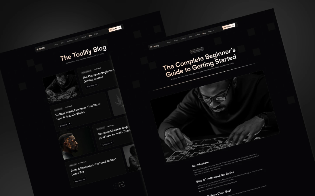 image - TNCFlow Two dark-themed blog layout mockups: left shows a grid of article cards, right shows a featured guide page with a large hero image and title The Complete Beginner's Guide to Getting Started.