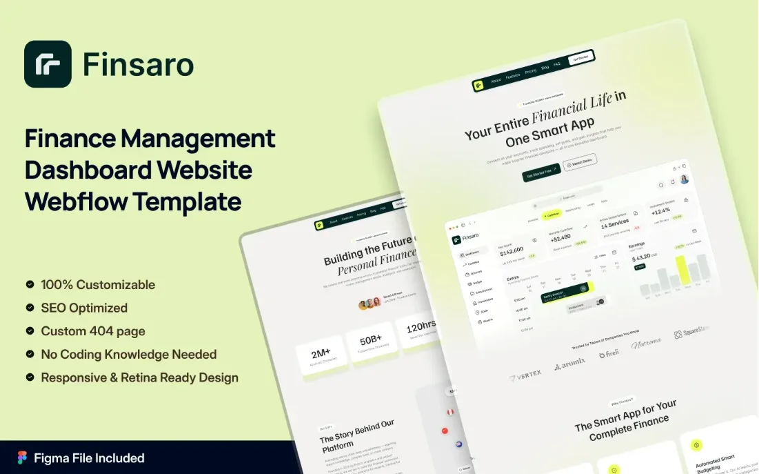 image10 - TNCFlow Finsaro finance dashboard template promo with lime background, featuring a features list and angled preview screens.
